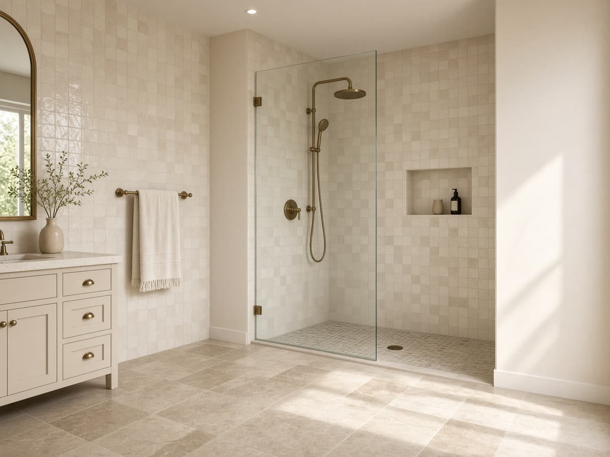 Rendering of a remodeled bathroom with cream zellige tile and antique brass fixtures
