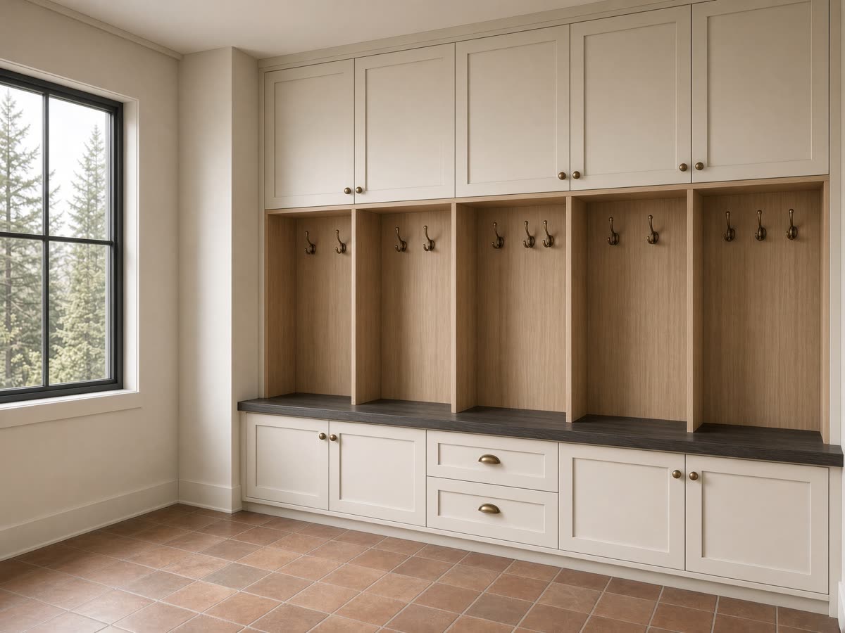 Rendering of cream built-in mudroom millwork with oak cubbies and a charcoal bench
