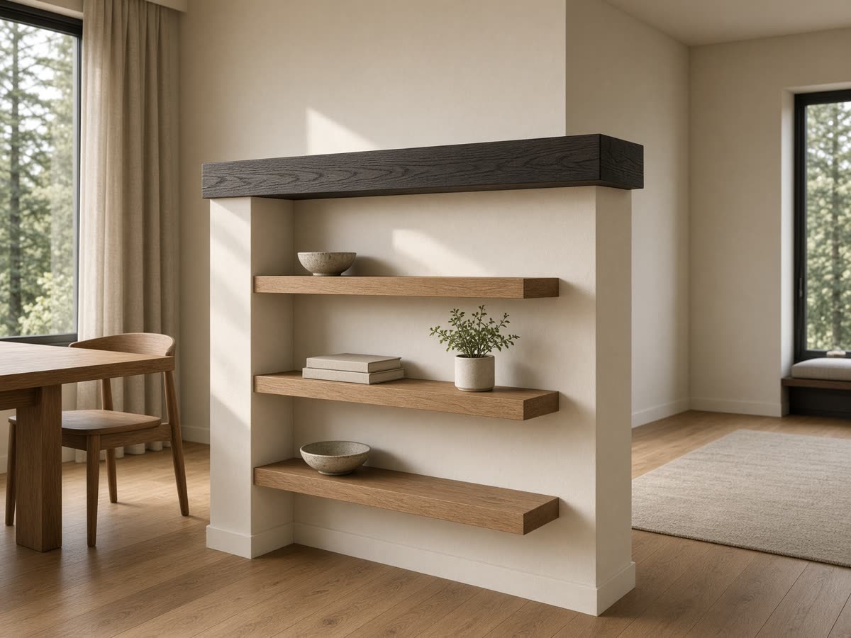 Rendering of a half-height partition wall with oak floating shelves between a dining nook and living room